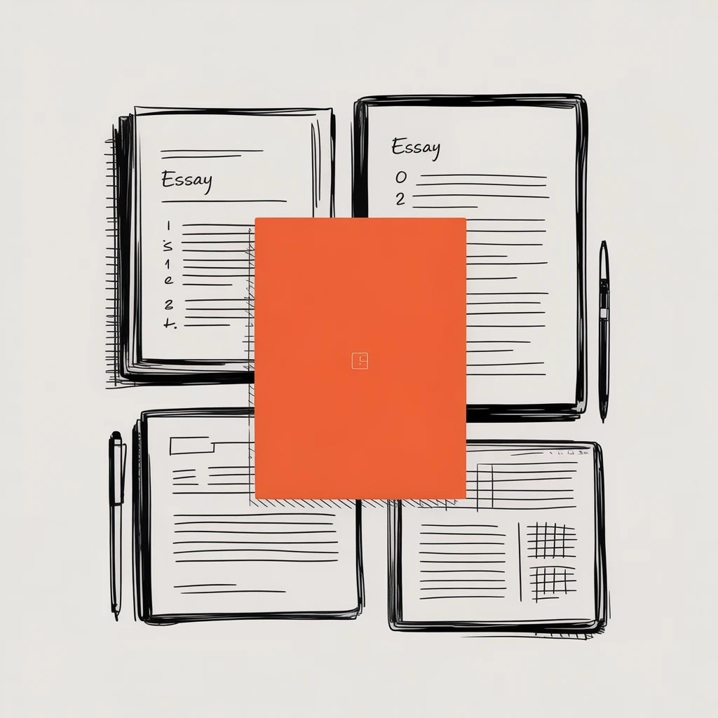 Illustration of four essay drafts laid out around an orange page