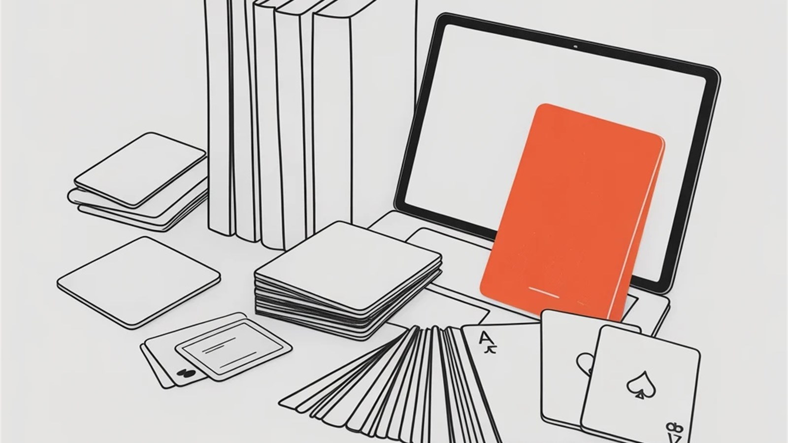 Illustration of books, a tablet and a fanned deck of cards on a desk