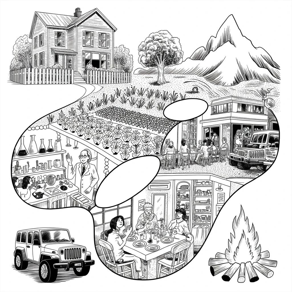 Illustration of many places at once: a house, a garden, a laboratory, a cafe, a dinner table, a campfire