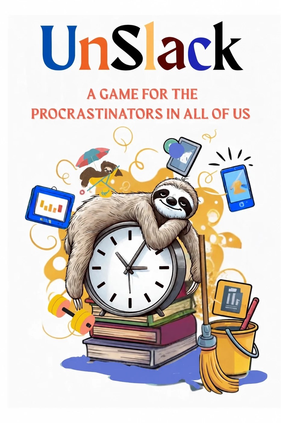 The Unslack box cover: a sloth draped over an alarm clock on a stack of books, with the line &ldquo;a game for the procrastinators in all of us&rdquo;